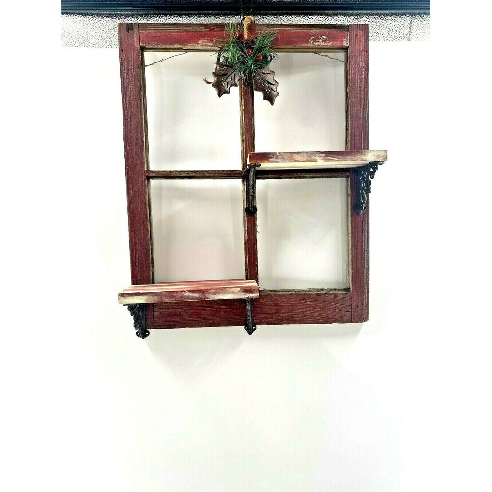 Vintage Red Barn Wood 4 Pane Window Wall Shelf Christmas Hollyberry Shadow Box - Picture 10 of 12